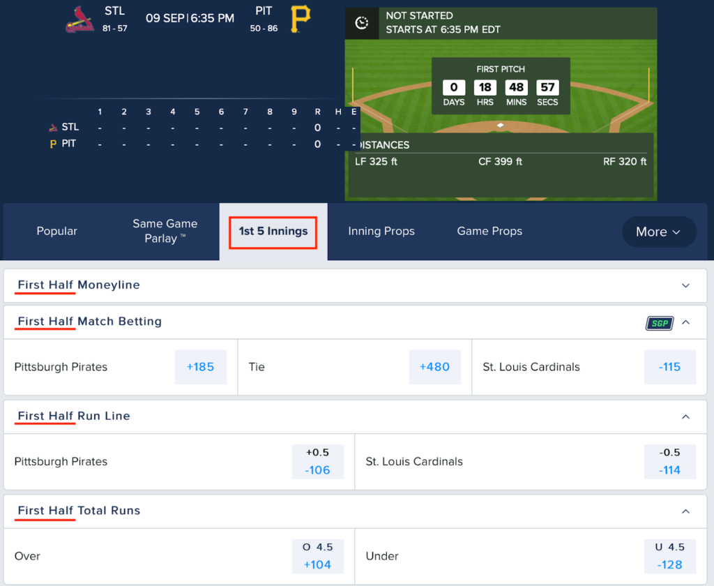 STL - PIT First Five Innings Odds